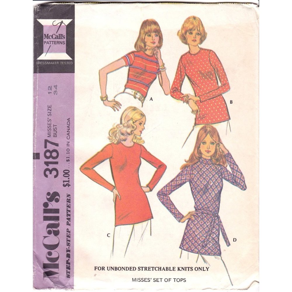 Vintage Sewing PATTERN McCalls 3187, Misses 1972 Step by Step Set of Tops